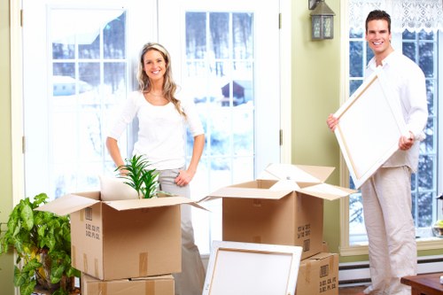 Packed office furniture and boxes ready for local relocation